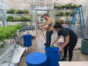 Two people in a greenhouse getting ready to water plants.